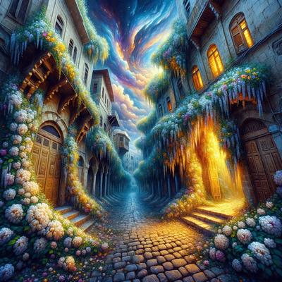 Primary subject: A beautifully illustrated street scene with a vibrant atmosphere.

Setting/background: The street is lined with buildings, and there are flowers and vines hanging from the sides of the buildings. The scene is set in a city with a brick road.

Visual style: The image is a digital art piece, featuring a detailed and colorful illustration of the street scene.

Colors and mood: The colors in the image are predominantly warm and vibrant, creating a lively and inviting atmosphere.